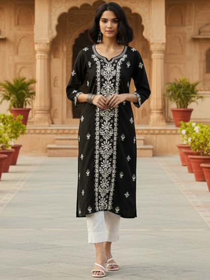 Black Floral Embroidered Kurta