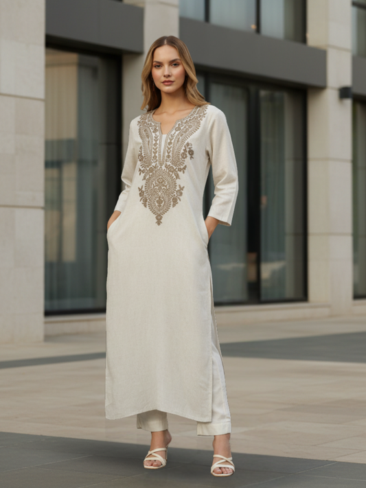 Beige Floral Embroidered Kurta