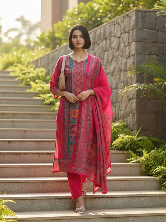 Pink Ethnic Motifs Printed Kurta with Trousers With Dupatta