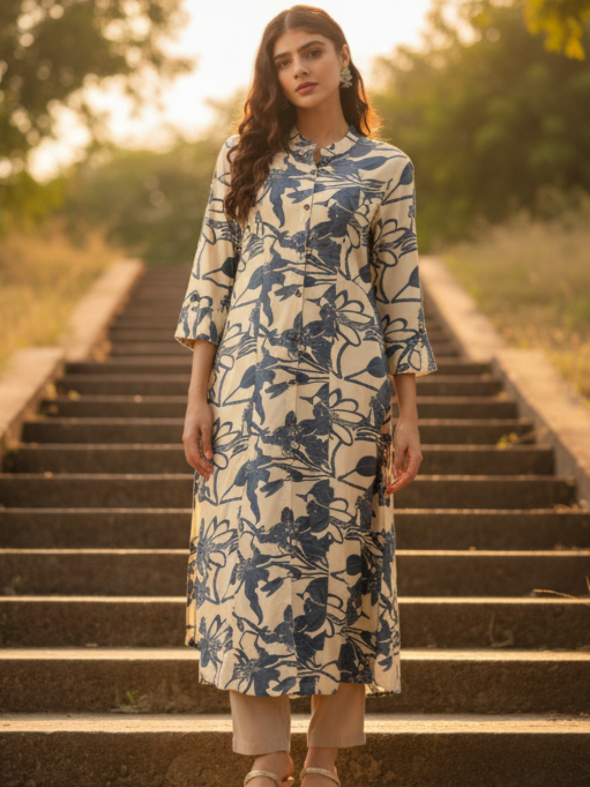 Beige Floral Printed A-Line Kurta