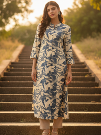 Beige Floral Printed A-Line Kurta