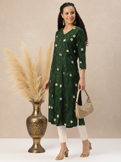 Green Geometric Printed Kurta