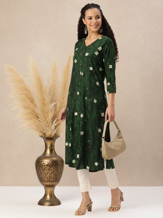 Green Geometric Printed Kurta