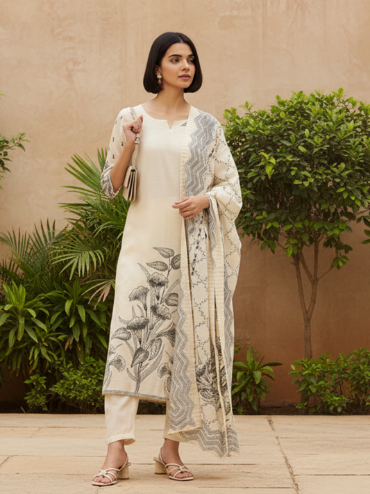 White Floral Printed Kurta & Trousers With Dupatta