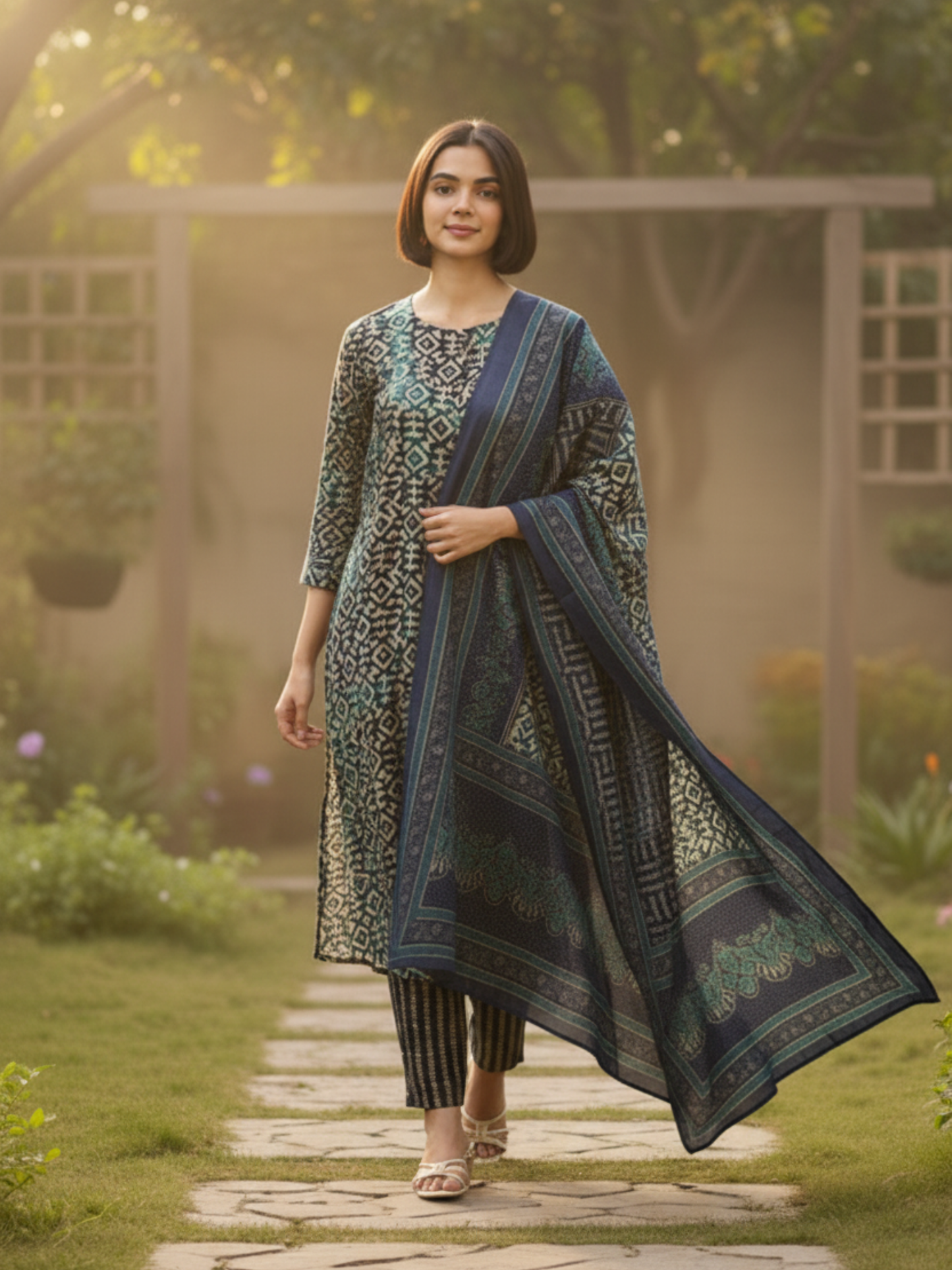 Geometric Printed Roll-Up Sleeves A-Line Kurta & Trousers With Dupatta