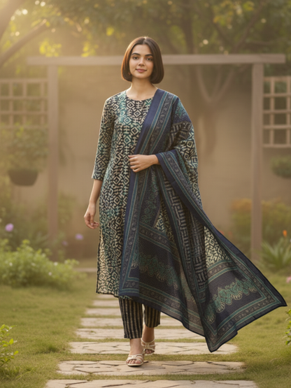 Geometric Printed Roll-Up Sleeves A-Line Kurta & Trousers With Dupatta