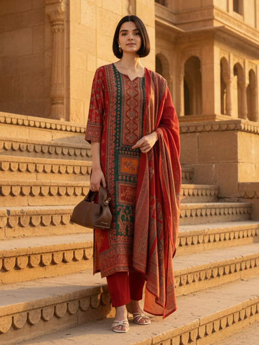 Red Ethnic Motifs Printed Kurta with Trousers With Dupatta