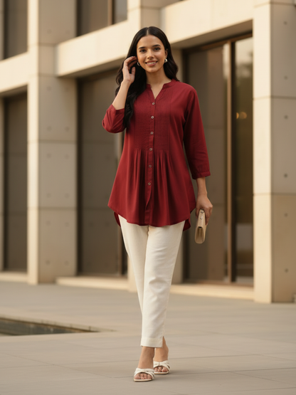 Red Mandarin Collar Tucks Detail Tunic
