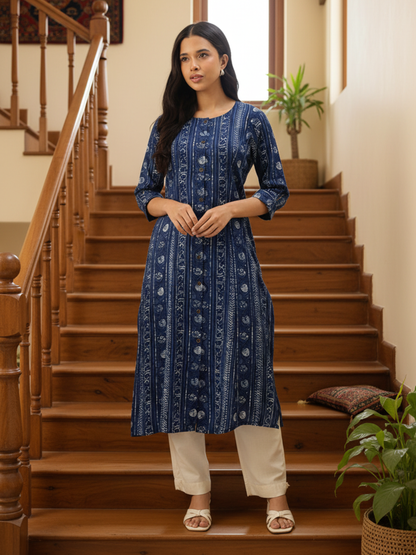 Indigo Ethnic Motifs Printed Roll-Up Sleeves Kurta