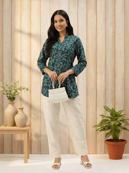 Navy Floral Printed Mandarin Collar Tunic