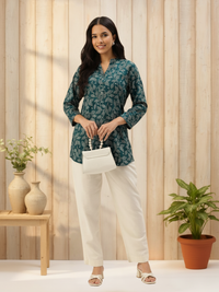 Navy Floral Printed Mandarin Collar Tunic