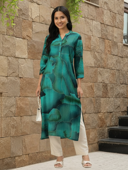 Teal Abstract Printed Mandarin Collar Kurta
