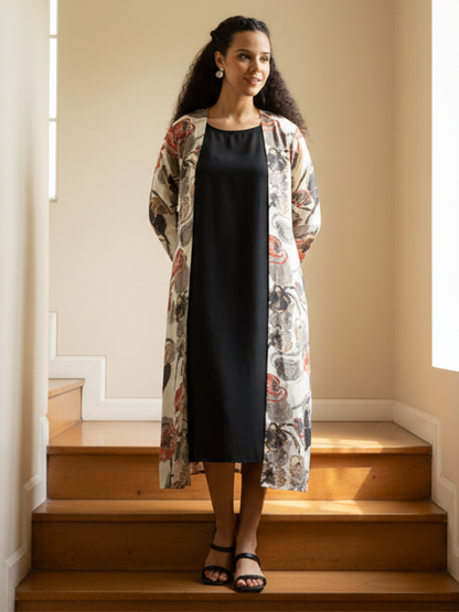 Beige & Black Floral A-line Dress with Shrug