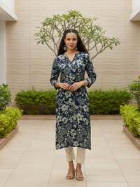 Blue Floral Printed Straight Kurta