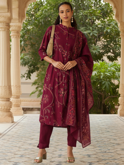 Maroon Printed Kurta with Trousers & With Dupatta