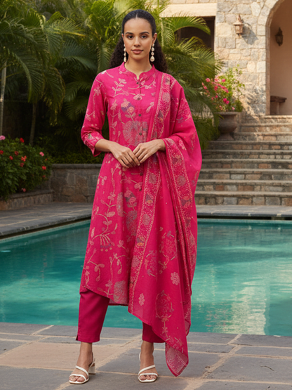 Pink Floral Printed Kurta with Trousers & With Dupatta