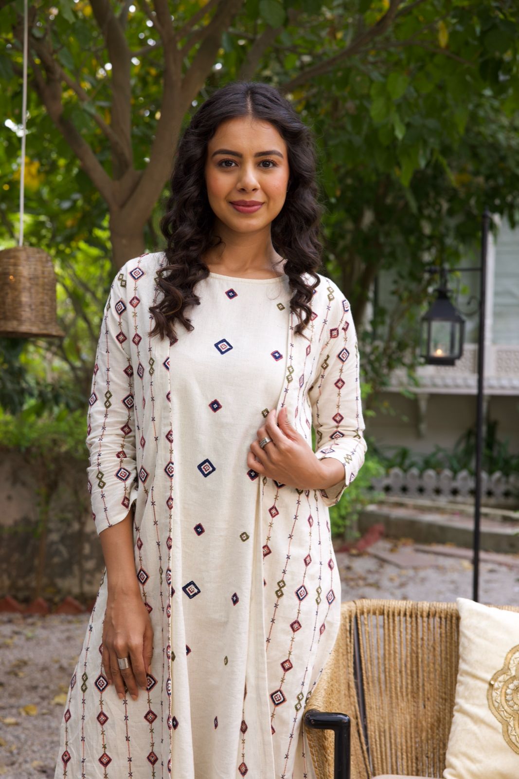 Beige  Embroidered Midi Dress With Shrug