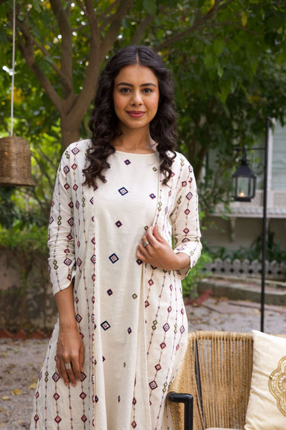 Beige  Embroidered Midi Dress With Shrug