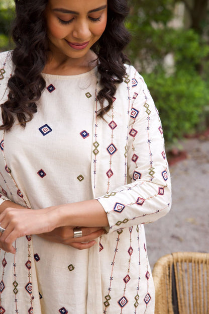 Beige  Embroidered Midi Dress With Shrug