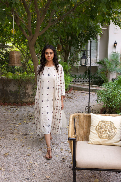 Beige  Embroidered Midi Dress With Shrug