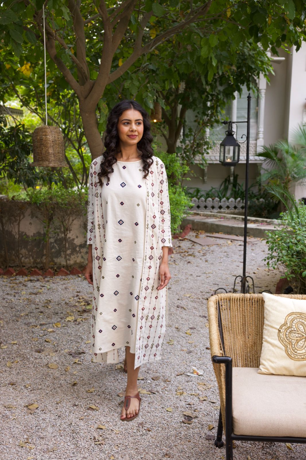 Beige  Embroidered Midi Dress With Shrug