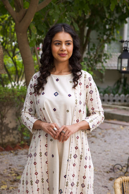 Beige  Embroidered Midi Dress With Shrug