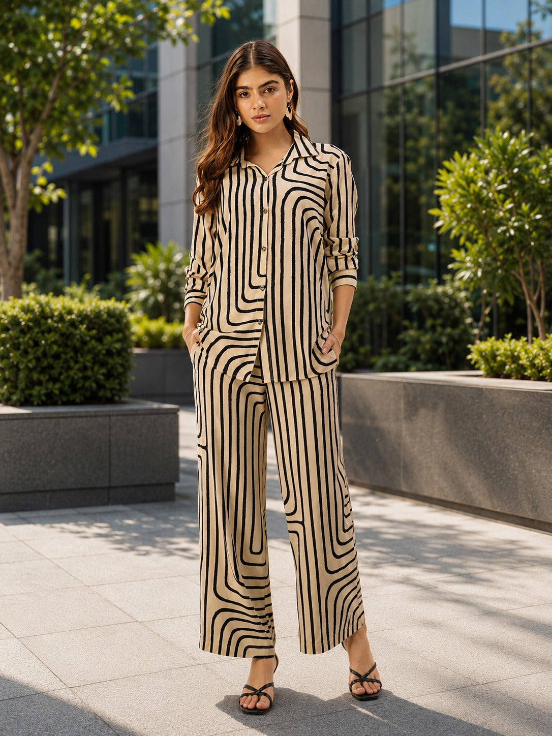 Beige & Black Geometric Printed Shirt & Palazzos Co-Ords Set
