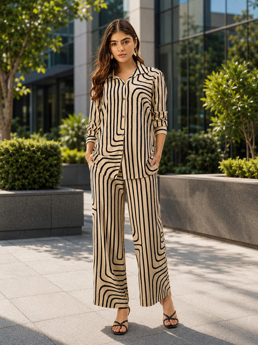 Beige & Black Geometric Printed Shirt & Palazzos Co-Ords Set