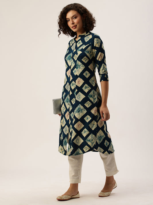 Black Geometric Printed Mandarin Collar Kurta