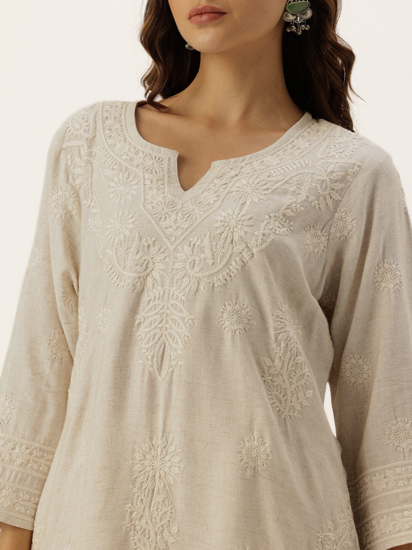 Beige Floral Embroidered Kurta