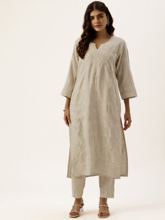 Beige Floral Embroidered Kurta