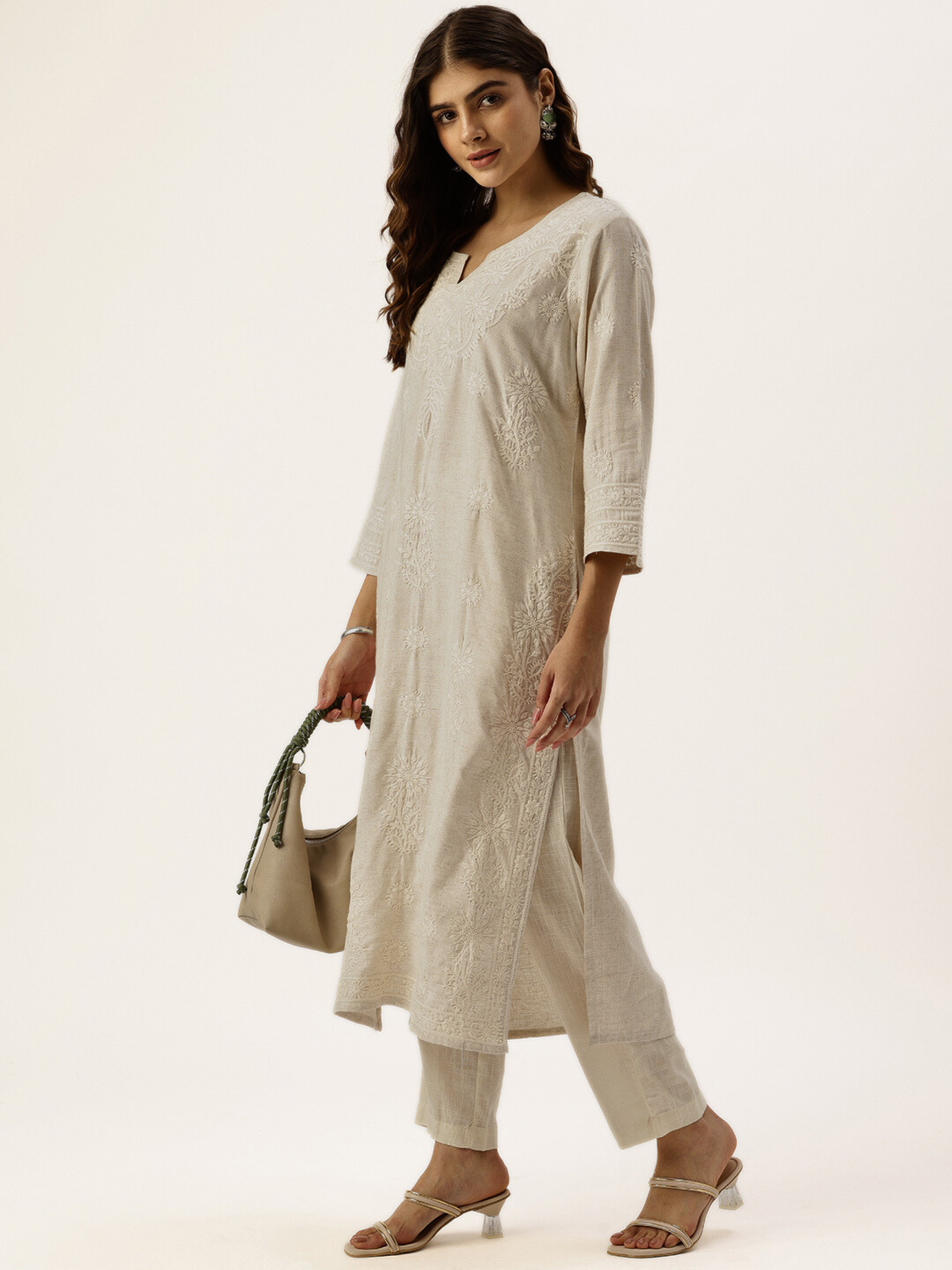 Beige Floral Embroidered Kurta