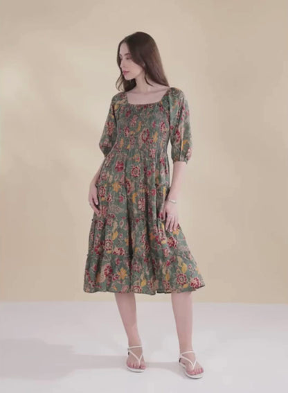 Teal Floral Printed Cuffed Sleeves Dress