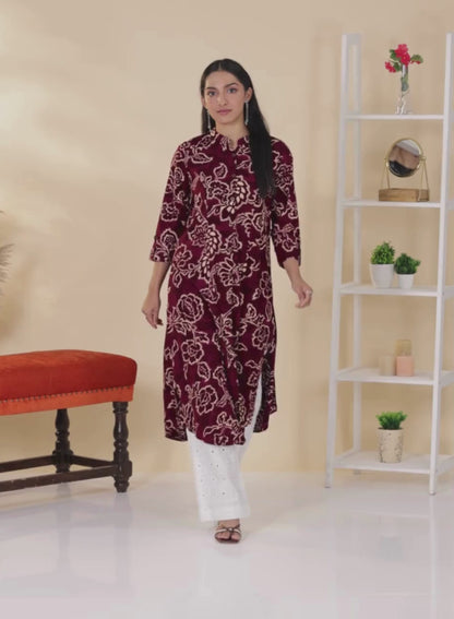 Wine Floral Printed A-Line Kurta