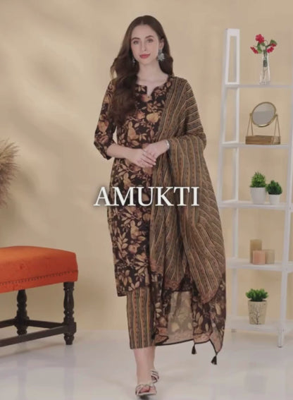 Black Floral Printed Pure Cotton Kurta with Trousers & Dupatta