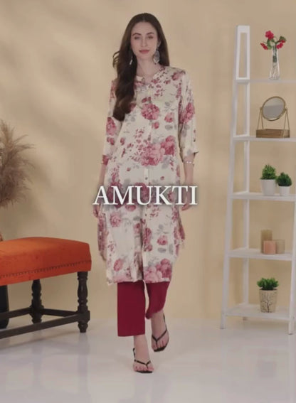 Ivory Floral Printed Mandarin Collar A-Line Kurta