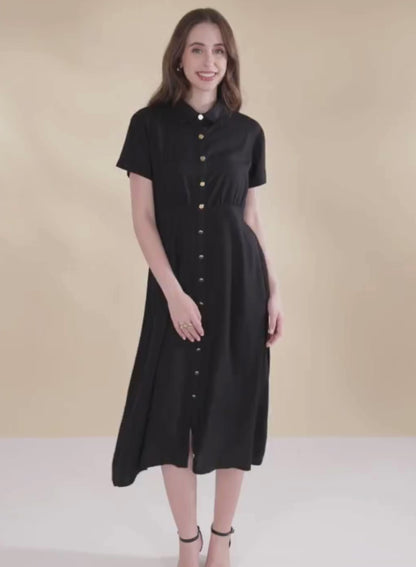 Black Shirt Collar A-Line Midi Dress