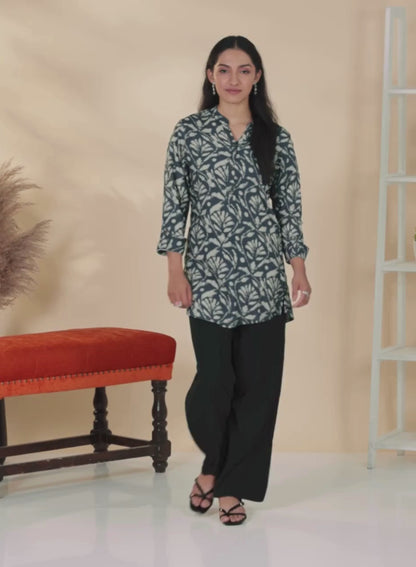 Blue Floral Printed Mandarin Collar Tunic