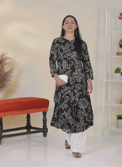 Navy Blue Floral Printed A-Line Kurta