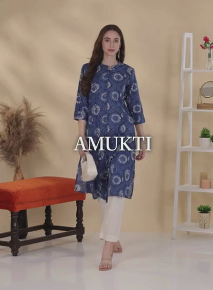 Blue Floral Printed Mandarin Collar A-Line Kurta