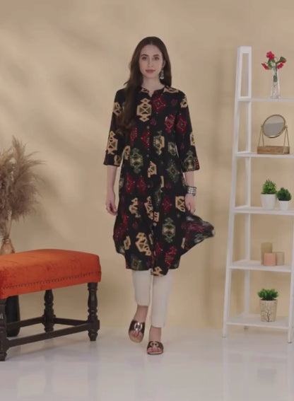 Black Geometric Printed A-Line Kurta