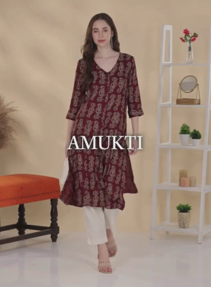 Rust Ethnic Motifs Printed A-Line Kurta