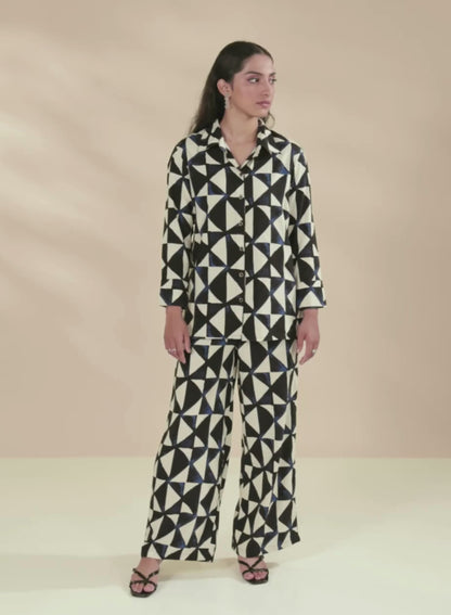 Beige & Blue Geometric Printed Shirt & Palazzos Co-Ords Set