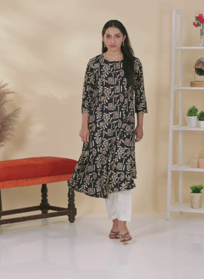 Navy Blue Tribal Motifs Printed Kurta