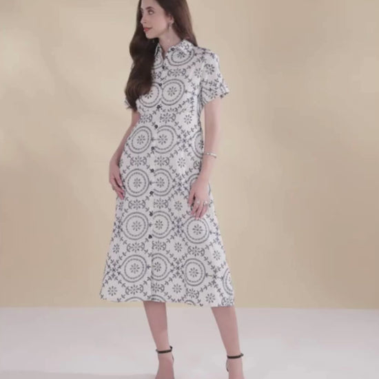 White Floral Embroidered Pure Cotton A-Line Midi Dress, Dress, Printed Dress, White Dress
