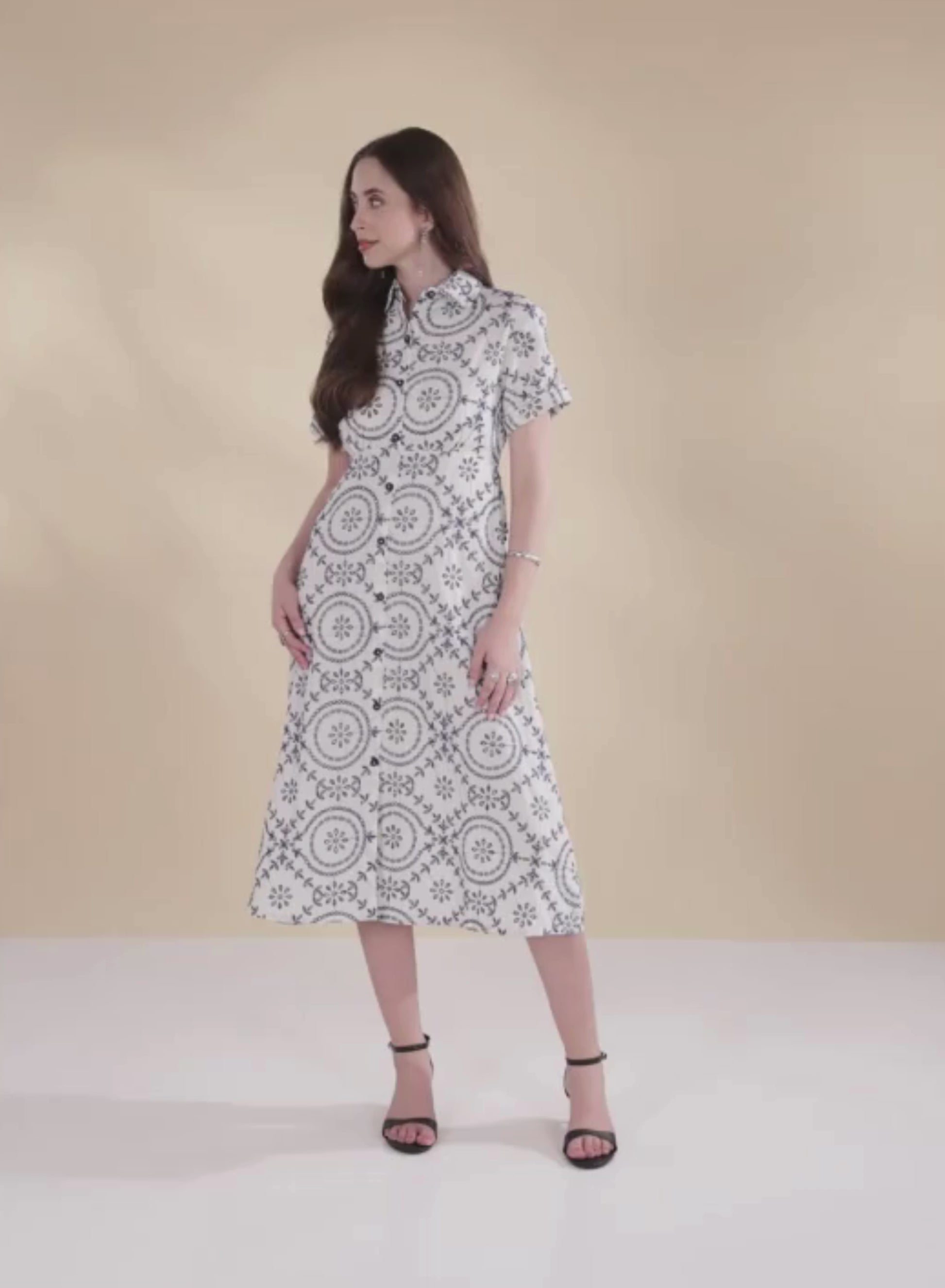 White Floral Embroidered Pure Cotton A-Line Midi Dress, Dress, Printed Dress, White Dress