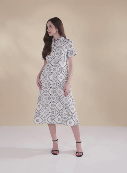 White Floral Embroidered Pure Cotton A-Line Midi Dress, Dress, Printed Dress, White Dress