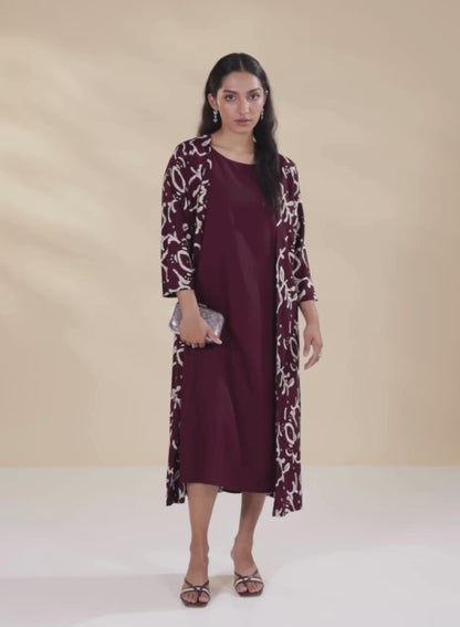 Wine Round Neck A-Line Midi Dress With Shrug
