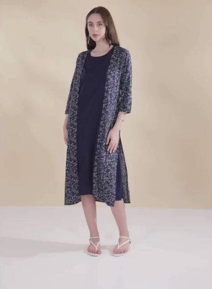 Blue Round Neck Midi Dress With Shrug, dress with shrug, midi dress, round neck dress, blue dress