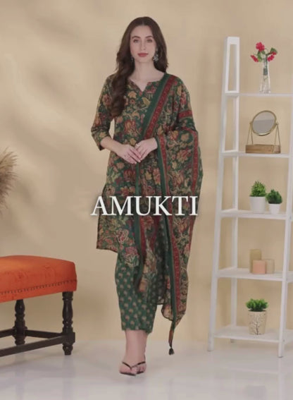 Green Floral Printed Pure Cotton Kurta with Trousers & Dupatta